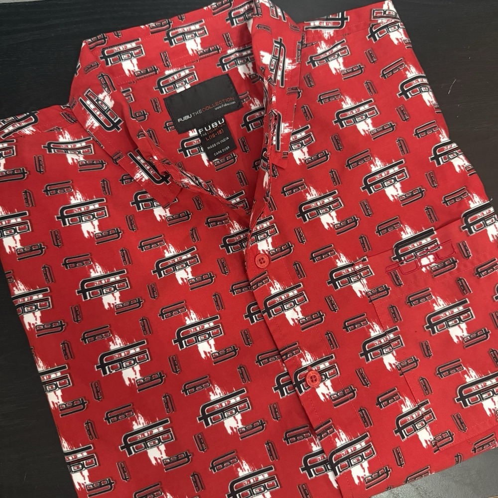 Vintage 90's Y2K FUBU Red Shirt All Over Print Logo‎ L 16/18 Youth Hip Hop